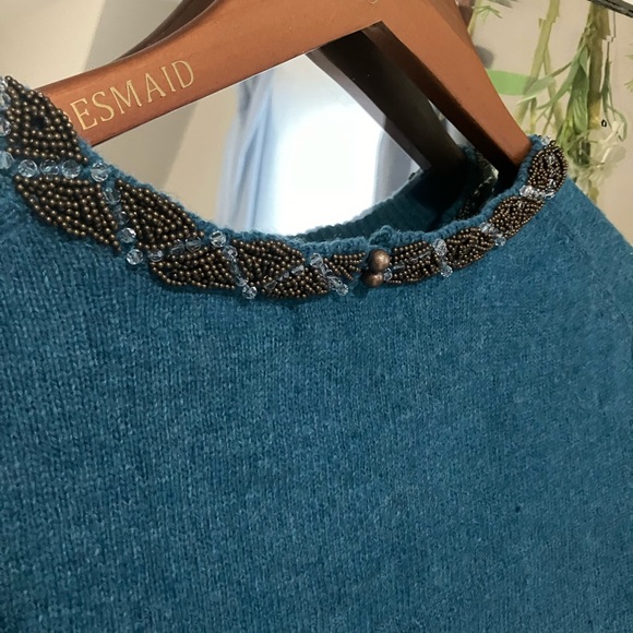 Lands' End Teal Wool Sweater with Beaded Neckline - Picture 4 of 12